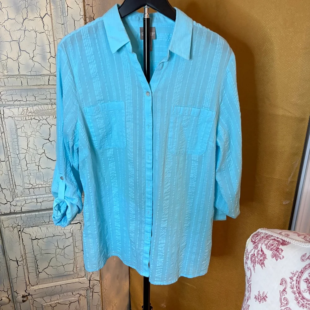 CHICO'S Turquoise Blue Lightweight Button Down Blouse Coastal SZ 2 Large - Picture 3 of 8